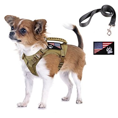 FXGOING Tactical Dog Harness with Leash Tactical Puppy Vest with Rubber Handle K9 Military Adjustable Pet Harness for Outdoor Training XS Dog Harness Brown Harness with Leash