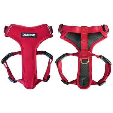 DJANGO Adventure Dog Harness Stylish and Durable Medium Dog Harness for Outdoor Adventures and Everyday Wear Red Neoprene Adjustable Harness for Dogs with Reflective Piping Solid Brass DRing