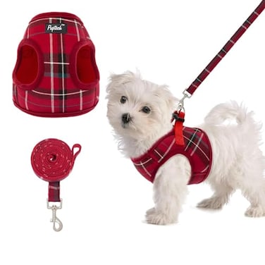 PUPTECK Soft Mesh Dog Harness and Leash Set Stepin Plaid Puppy Padded No Pull Vest Harness for XS Small Medium Sized Dogs Cats Outdoor Walking Red M
