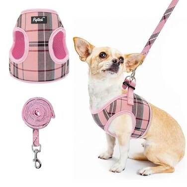 PUPTECK Soft Mesh Dog Harness and Leash Set Stepin Plaid Puppy Padded No Pull Vest Harness for XS Small Medium Sized Dogs Cats Outdoor Walking Pink S