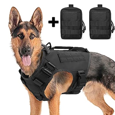 AIWAI Tactical Dog Backpack Harness for Large Breed Original Design Metal Buckle Vest with Side Bags Pouches for Service Working Training Black with 2 Pouches XL