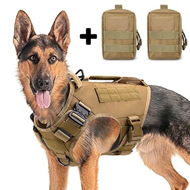 AIWAI Tactical Dog Backpack Harness for Large Breed Original Design Metal Buckle Vest with Side Bags Pouches for Service Working Training Khaki with 2 Pouches L