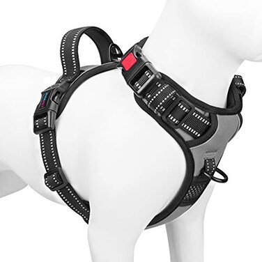PHOEPET No Pull Dog Harness Medium Reflective Front Clip Vest with HandleAdjustable 2 Metal Rings 3 BucklesEasy to Put on Take OffS Grey