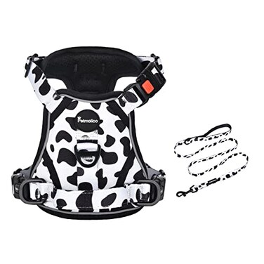 Petmolico No Pull Dog Harness and Leash Set No Choke 4 Leash Attchments Easy Control Handle Soft Padded Reflective Vest Dog Harness for XS Dog Breed Cow Pattern XS