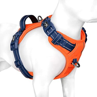 PHOEPET No Pull Dog Harness Unique Colors Reflective Adjustable Dog Vest with Soft Training Handle Metal Clips for Small Medium Large Dogs Orange Base Blue StrapsL
