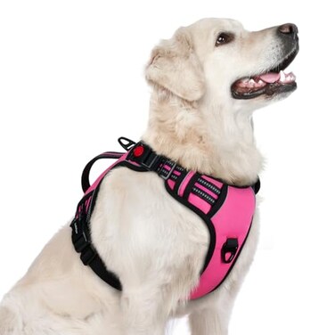 rabbitgoo Dog Harness for Large Dogs No Pull Pet Harness with Soft Padded Handle Adjustable Reflective Vest with 3 Buckles Easy Walking Harness with 2 Leash Clips Pink L