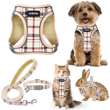 GAMUDA Small Dog Harness Collar and Leash Set Step in No Chock No Pull Soft Mesh Adjustable Dog Vest Harnesses Plaid Reflective for Dogs Puppy Cats Kitten Rabbit Beige S