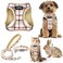 GAMUDA Small Dog Harness Collar and Leash Set Step in No Chock No Pull Soft Mesh Adjustable Dog Vest Harnesses Plaid Reflective for Dogs Puppy Cats Kitten Rabbit Beige S