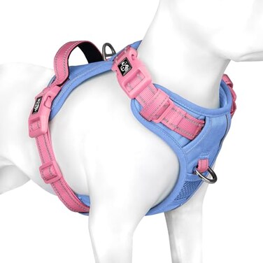 PHOEPET No Pull Dog Harness Unique Colors Reflective Adjustable Dog Vest with Soft Training Handle Metal Clips for Small Medium Large Dogs Baby Blue Base Pink StrapsS