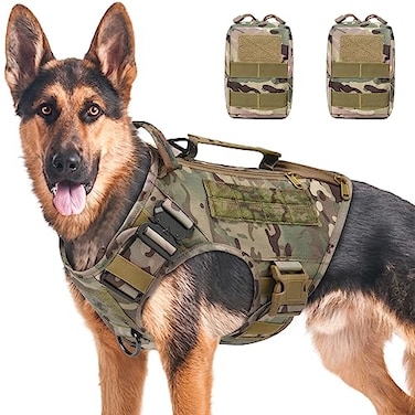 AIWAI Tactical Dog Backpack Harness for Large Breed Original Design Metal Buckle Vest with Side Bags Pouches for Service Working Training Camouflagewith 2 Pouches M