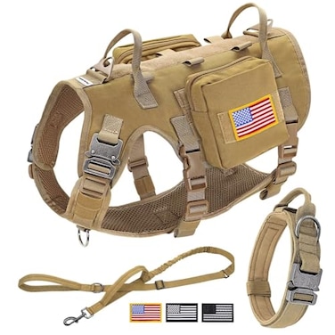 Forestpaw Tactical Dog Harness for Large DogsTactical Dog Collar with Bungee Leash SetNo Pull Military Dog Harness for Walking TrainingAdjustable for Medium DogsKhakiChest 1725