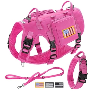 Forestpaw Pink Tactical Dog Harness for Large DogsTactical Dog Collar with Bungee Leash SetNo Pull Military Dog Harness for Walking TrainingAdjustable for Medium DogsChest 1725