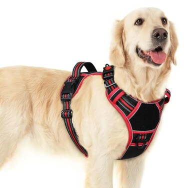 Eagloo Dog Harness for Large Dogs Easy Wearing with 3 Buckles Adjustable No Pull Pet Harness with 2 Rings for Walking No Chock Reflective Soft Padded Vest with Control Handle Black Red L