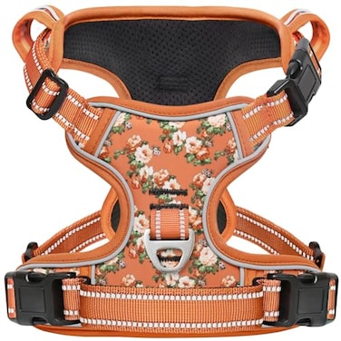 Timos Dog Harness for Large Dogs No Pull Service Vest with Reflective Strips and Control HandleNo Choke Dog Harness with 2 Metal Rings for Easy WalkingOutdoor TrainingFlower Orange L