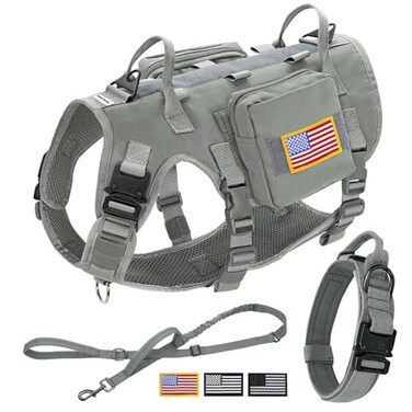 Forestpaw Tactical Dog Harness for Large DogsTactical Dog Collar with Bungee Leash SetNo Pull Military Dog Harness for Walking TrainingAdjustable for Medium Large DogsGrayChest 2235