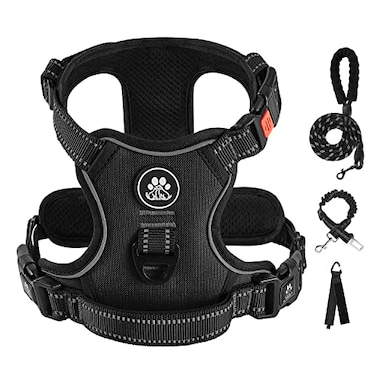 IVYLANE IVYLANE No Pull Dog Harness for Large Dogs Dog Vest Harness with Leash Safety Belt and Storage Strap Fully Adjustable Harness 360 Reflective Strip Soft Handle Black L