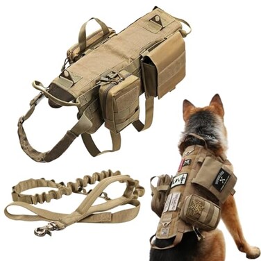 AZB Tactical Dog Vest Harness Heavy Duty Dog Harness with 3 MOLLE Bags1 Bungee Leash