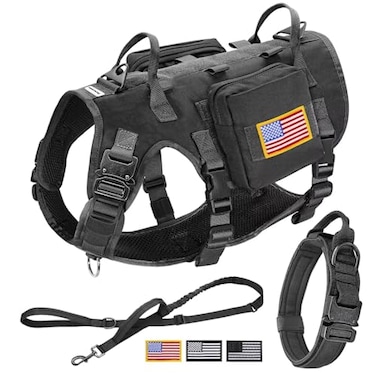 Forestpaw Tactical Dog Harness for Large DogsTactical Dog Collar with Bungee Leash SetNo Pull Military Dog Harness for Walking TrainingAdjustable for Medium DogsBlackChest 1725