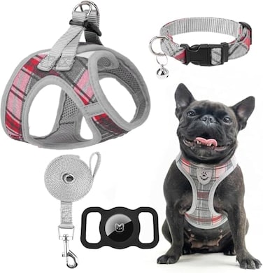 EXPAWLORER Classic Plaid Puppy Harness Dog Collar and Leash Soft Mesh Padded Adjustable Step in Small Dog Vest Harness No Pull Reflective Escape Proof for Outdoor Walking Grey Small