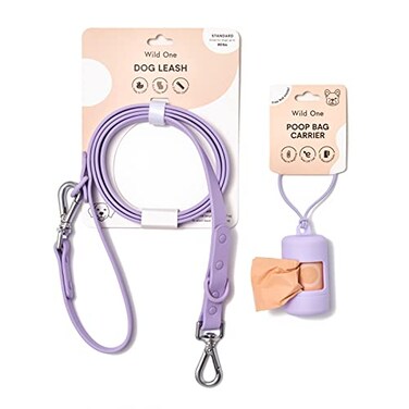 Wild One Nylon Adjustable Length Leash 55 Feet and Poop Bag Carrier Set Waterproof Odor Resistant Lilac