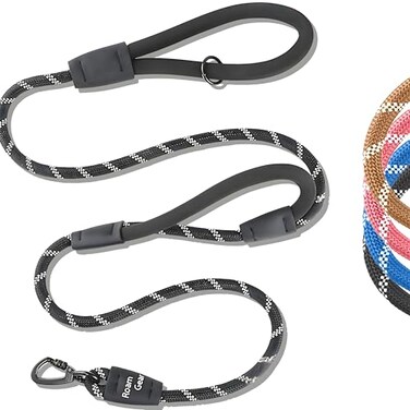 Roam Gear 6 Foot Dog Leash Two Extra Padded Handles Locking Carabiner Clip Reflective for Night Visibility Weatherproof Heavy Duty Rope Leash Black