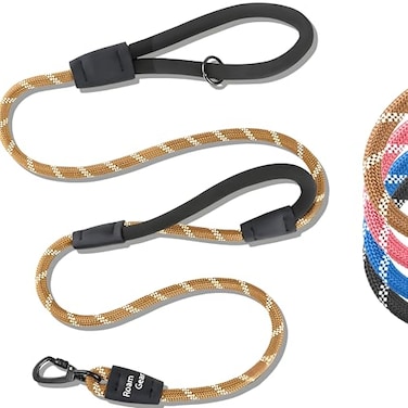 Roam Gear 6 Foot Dog Leash Two Extra Padded Handles Locking Carabiner Clip Reflective for Night Visibility Weatherproof Heavy Duty Rope Leash Brown