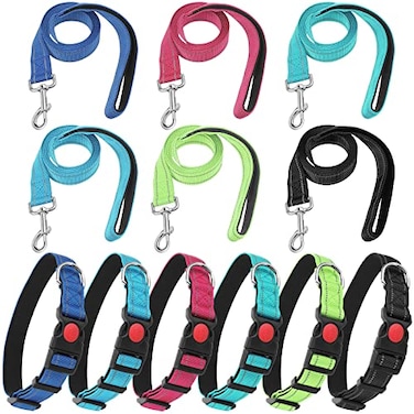 Sanwuta 6 Sets Reflective Dog Leash and Collar Set Nylon Leashes Adjustable Dog Collar Heavy Duty Padded Handle Leash for Small Medium Large Dogs Walking TrainingStylish Color