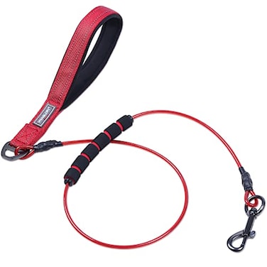 VIVAGLORY Chew Proof Dog Leash Toughbite Non Chewable Dog Leash with Traffic Handle Double Handle for Training Walking Chew Proof Non Chewable Metal for Pet Puppy 4FT Red