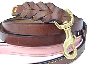 Soft Touch Collars Heavy Duty Leather Braided Dog Leash Brown with Pink Padded Handle 6ft
