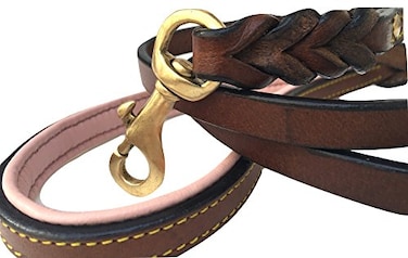 Soft Touch Collars 4ft x 12 Inch Wide Leather Braided Dog Leash Brown with Pink Padded Handle for Small Dogs