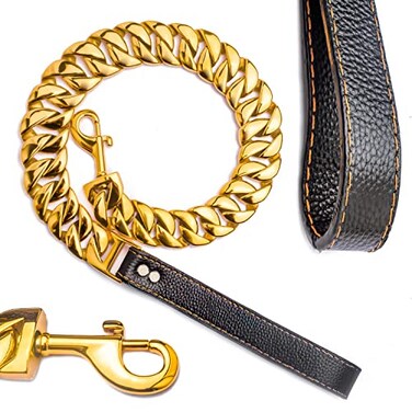 txprodogchains Big Chew Proof Dog Leash for Large Dogs 32MM Thick Gold Chain Leash with Leather Padded Handle Gold 3FT