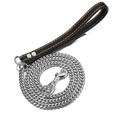 Aiyidi Heavy Duty Stainless Steel Dog Chain Leash 3FT4FT5FT Cuban Link Metal Dog Leashes for Large Medium Small Dogs with Genuine Leather Handle Silver 3FT