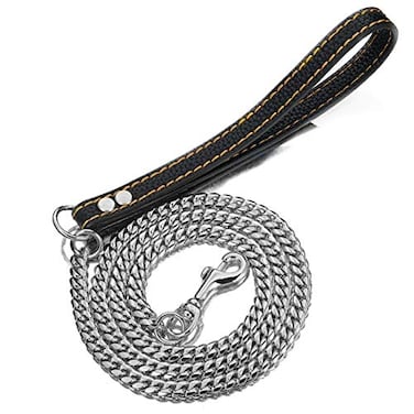 Aiyidi Heavy Duty Stainless Steel Dog Chain Leash 3FT4FT5FT Cuban Link Metal Dog Leashes for Large Medium Small Dogs with Genuine Leather Handle Silver 5FT