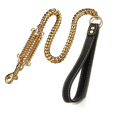 AIYIDI 1ft 2ft 3ft Strong Gold Metal Cuban Curb Link Chain 14mm Stainless Steel Dog Safety Leash Buffer Spring LaborSaving Genuine Leather Handle Dog Leash Gold24inch