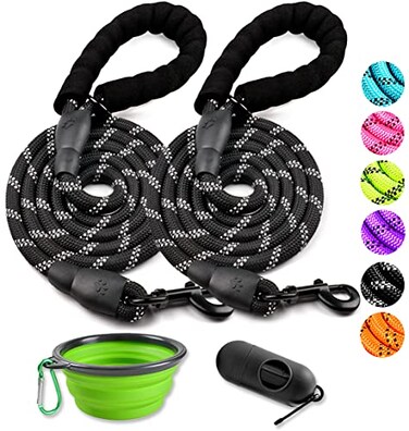 COOYOO 2 Pack Dog Leash 5 FT Heavy Duty Comfortable Padded Handle Reflective Dog Leash for Medium Large Dogs with Collapsible Pet Bowl
