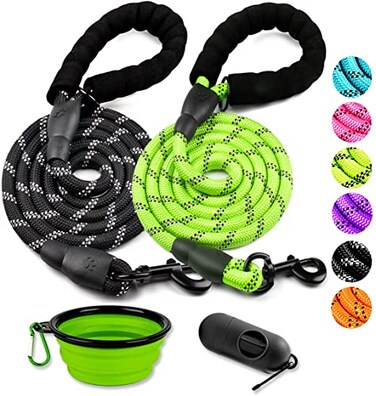 COOYOO 2 Pack Dog Leash 6 FT Heavy Duty Comfortable Padded Handle Reflective Dog Leash for Medium Large Dogs with Collapsible Pet Bowl Set 6BlackGreen