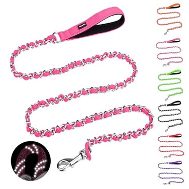 HOMIMP Chew Proof Dog Leash for Medium Large Dogs Reflective 6 FT Heavy Duty Metal Chain Dog Leashes with Soft Padded Handle Anti Bite Durable Rope Leashes for Pitbull Non Chewable