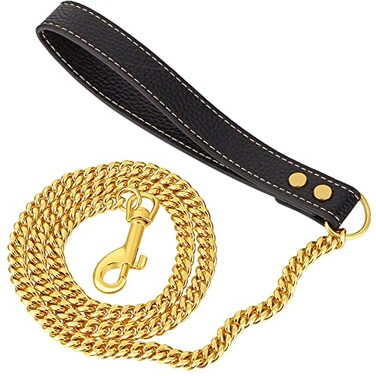 iDofas Gold Dog Chain Leash 18K Gold Stainless Steel Cuban Link Dog Leash with Leather Handle for Dogs Collar Chains3ft