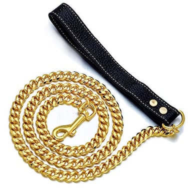 iDofas Gold Dog Chain Leash Width 12MM Gold Stainless Steel Cuban Link Dog Leash with Leather Handle for Dogs Collar Chains3ft