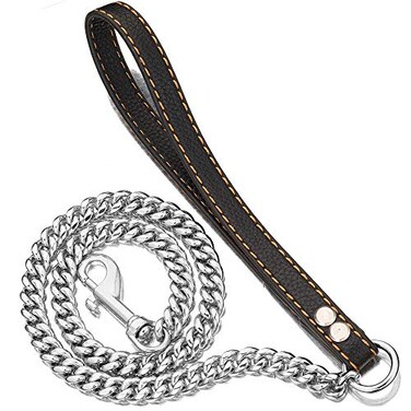 PRADOG Chain Dog Leash Metal Chew Proof 12MM Heavy Duty Pet Leash Chain with Leather Padded Handle for Large Medium Small DogsTotally Length of 3ft