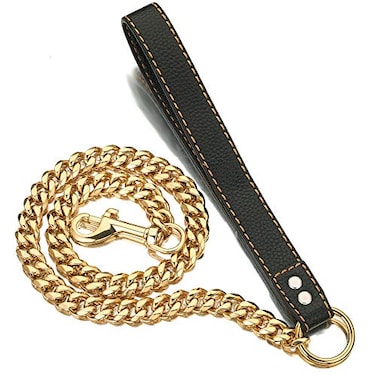 PRADOG Chain Dog Leash Metal Chew Proof 15MM Heavy Duty Pet Leash Chain with Leather Padded Handle for Large Medium Small DogsTotally Length of 3ft Gold