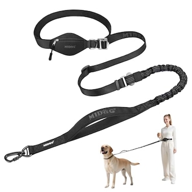 MIDOG Multifunctional Dog Leash Hands Free for Large Dogs Adjustable Waist Leash with Zipper Pounch Bungee Cord for JoggingRunningWalking47FTBlack