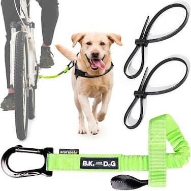BIKE AND DOG Dog Leash and Harness for Bicycle Harness with 3 Rings 2 are Sides Includes 2 Special Cable Ties for Bicycle Patented Fluorescent Yellow Leash