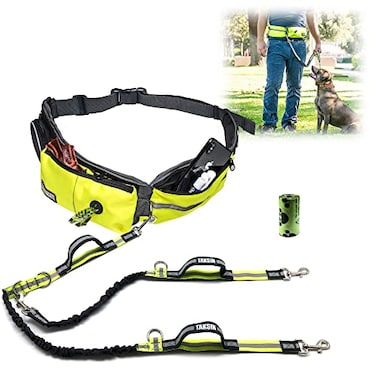 TAKSIN The Ultimate Hands Free Two Dogs Double Leash System for Walking Running Hiking Training Reflective Bungee Leash Treat Holder Poop Bag Dispenser for Small Medium Large Dogs Yellow Pack