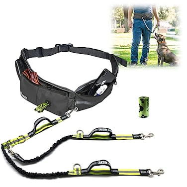 TAKSIN The Ultimate Hands Free Two Dogs Double Leash System for Walking Running Hiking Training Reflective Bungee Leash Treat Holder Poop Bag Dispenser for Small Medium Large Dogs Grey Pack