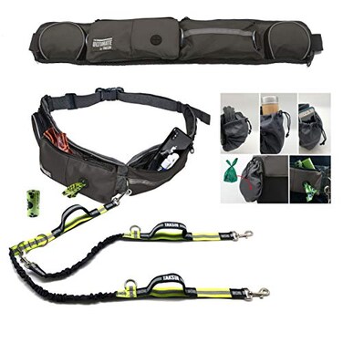 TAKSIN The Ultimate Hands Free Two Dogs Double Leash System for Walking Running Hiking Training Reflective Bungee Leash Treat Holder Poop Bag Dispenser Small Medium Large Dogs Grey Deluxe Pack