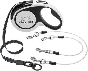 EXPAWLORER Retractable Double Dog Leash Chew Proof 2 No Tangle Strong Wire Ropes 16 ft Heavy Duty Walk Leash for Medium Large Dogs Black White