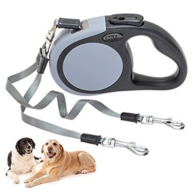 KOOLTAIL Dual Retractable Dog Leash for Two Dogs Up to 110 Lbs Heavy Duty Double Headed 16 ft Extendable 360 TangleFree One Button Lock Brake Dog Leash for Small Medium Large Dogs Grey