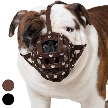 CollarDirect Leather Basket Dog Muzzle for Boxer English American Bulldog Secure AntiBarking Biting Chewing Adjustable Breathable Brown