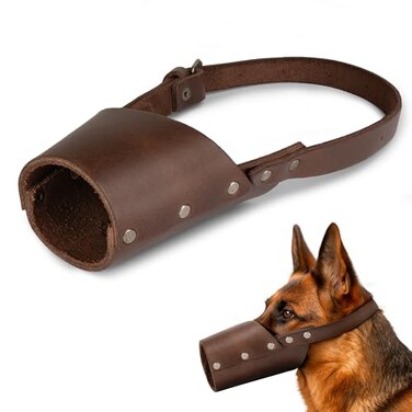 Taco Dog Leather Dog Muzzle Guard Handmade from Full Grain Leather Secure Training Cover Mouth Guard Mask Prevents Biting Chewing Bourbon Brown Large